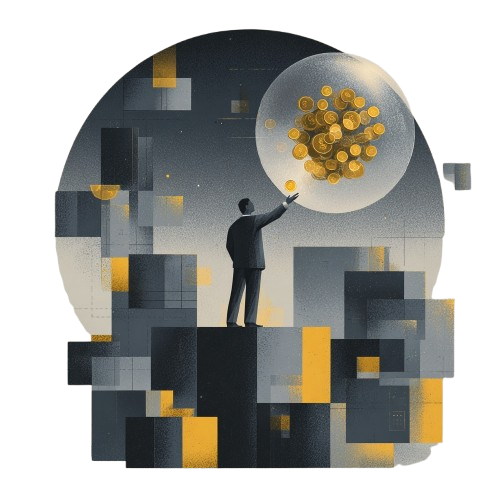 Illustration of a figure among gold blocks inside a circle, representing ownership of network value